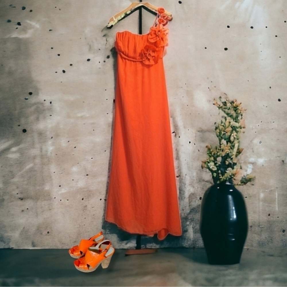 NWT Angel Fashions Orange One-Shoulder Rosette Maxi Gown - Size Large